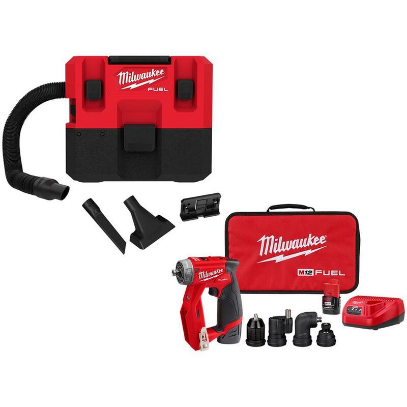 Milwaukee M12 FUEL 12-Volt Lithium-Ion Cordless 1.6 Gal. Wet/Dry Vacuum with M12 FUEL 4-in-1 Installation 3/8 in. Drill Kit - 0960-20-2505-22