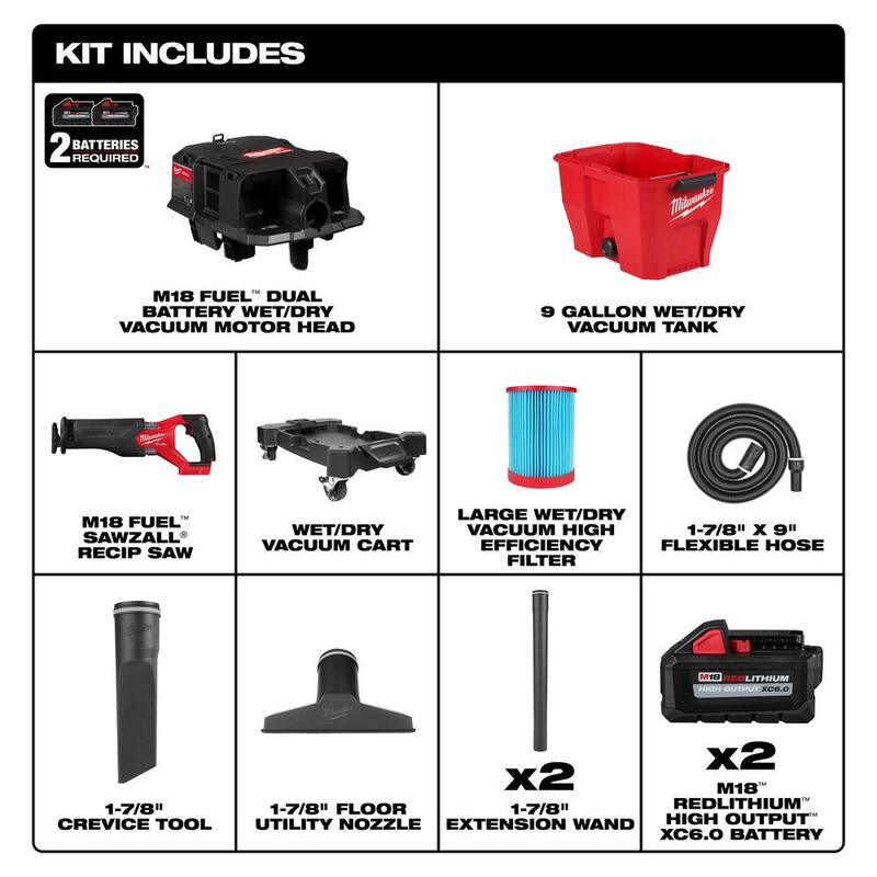 Milwaukee M18 FUEL 9 Gal. Cordless DUAL-BATTERY Wet/Dry Shop Vacuum & SAWZALL Reciprocating Saw w/6.0Ah Batteries (2-Pack) - 0920-20-2821-20-48-11-1862