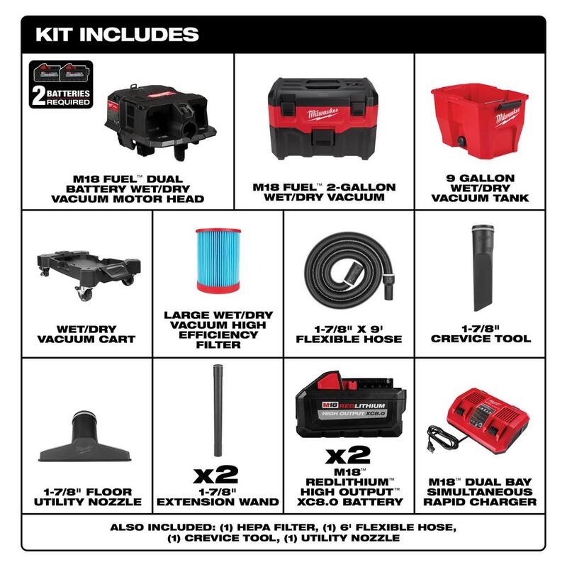 Milwaukee M18 FUEL 9 Gal. Cordless Dual-Battery Wet/Dry Shop Vacuum Kit & M18 2 Gal Wet/Dry Vac - 0920-22HD-0880-20