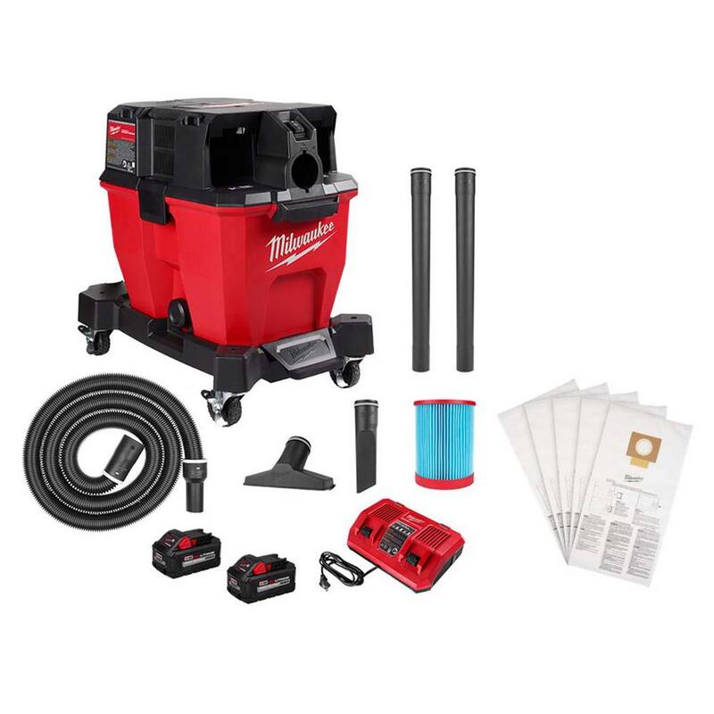 Milwaukee M18 FUEL 9 Gal. Cordless DUAL-BATTERY Wet/Dry Shop Vacuum Kit with (2) 8.0 ah Batteries w/Fleece Dust Bags (5-Pack) - 0920-22HD-49-90-1989