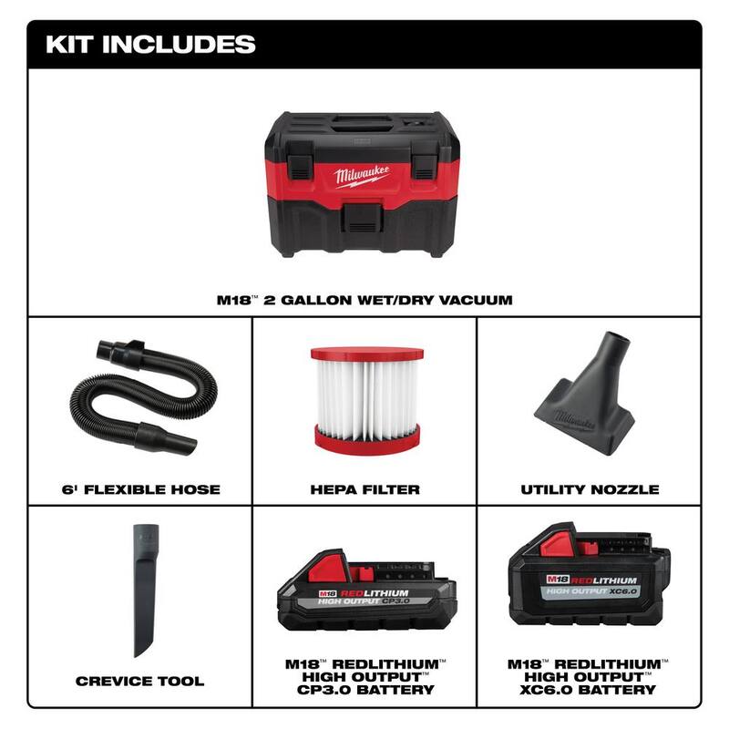 Milwaukee M18 18-Volt 2 Gal. Lithium-Ion Cordless Wet/Dry Vacuum with M18 High Output 6.0 Ah and 3.0 Ah Batteries - 0880-20-48-11-1865S