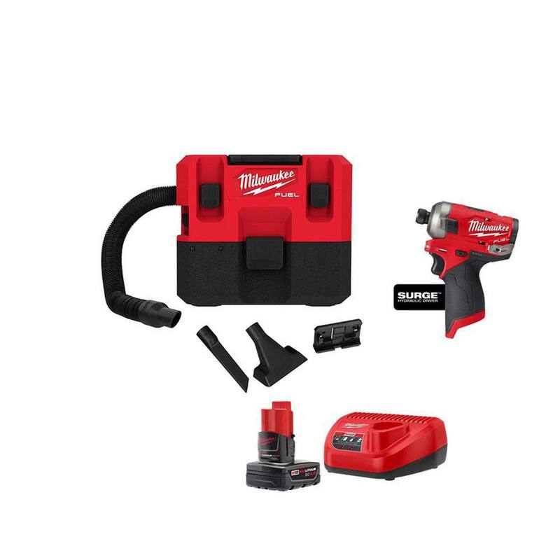 Milwaukee M12 FUEL 12-Volt Lithium-Ion Cordless 1.6 Gal. Wet/Dry Vacuum and SURGE Impact Driver with 4.0 Ah Battery and Charger - 0960-20-48-59-2440-2551-20