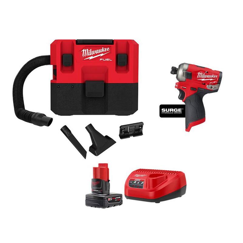 Milwaukee M12 FUEL 12-Volt Lithium-Ion Cordless 1.6 Gal. Wet/Dry Vacuum and SURGE Impact Driver with 4.0 Ah Battery and Charger - 0960-20-48-59-2440-2551-20