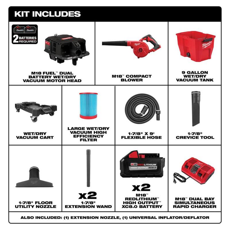 Milwaukee M18 FUEL 9 Gal. Cordless Dual-Battery Wet/Dry Shop Vacuum Kit with M18 Compact Blower - 0920-22HD-0884-20