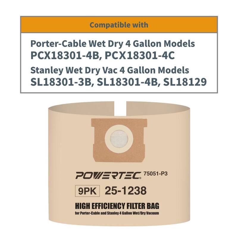 POWERTEC 4 Gal. Vacuum Bag for Stanley 25-1238/ Porter Cable PCX18301-4B, Replacement Filter Bag for Stanley, Porter Cable (9PK) - 75051-P3