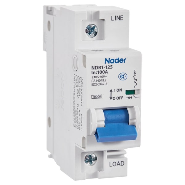 Automation Systems Interconnect 100 Amp, 1 Pole, 240V AC/60V DC, Trip Curve: C, DIN Rail Mount-Miniature CB, 18mm Width, UL1077 - NDB1-125C100-1