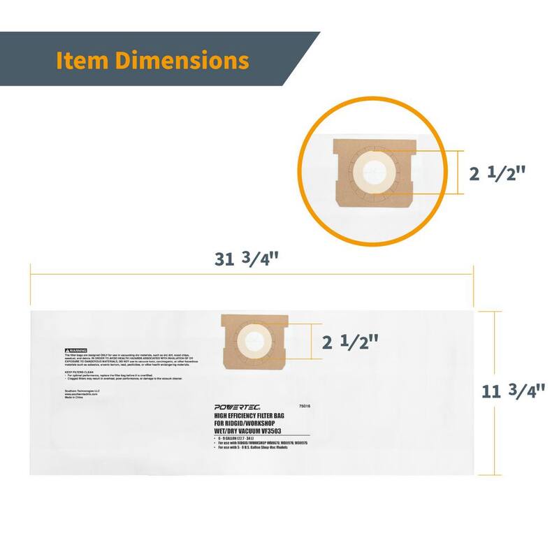 ‎POWERTEC 6-9 Gal. Shop Vacuum Bag for Ridgid VF3503/ Workshop WS32090F2, Replacement Filter Bag for Ridgid RT0600/ Workshop (4PK) - 75016-P2