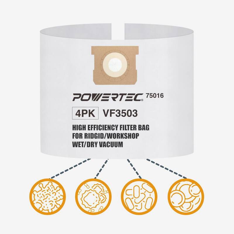 ‎POWERTEC 6-9 Gal. Shop Vacuum Bag for Ridgid VF3503/ Workshop WS32090F2, Replacement Filter Bag for Ridgid RT0600/ Workshop (4PK) - 75016-P2
