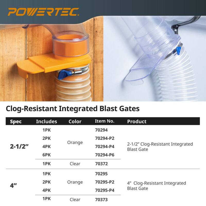 POWERTEC 2-1/2 in. Integrated Blast Gate Clog Resistant Anti Gap Tapered ABS Plastic Fitting for Dust Collection Systems (6-Pack) - 70294-P6