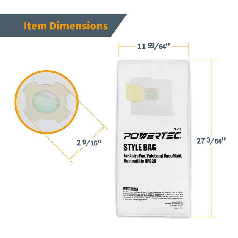 POWERTEC 5-ply Central Vacuum Bag for AstroVac, Valet and VacuMaid HPB2H, HPB2HPK, Replacement Filter Bag, Dust Bags (15-Pack) - 75046-P5