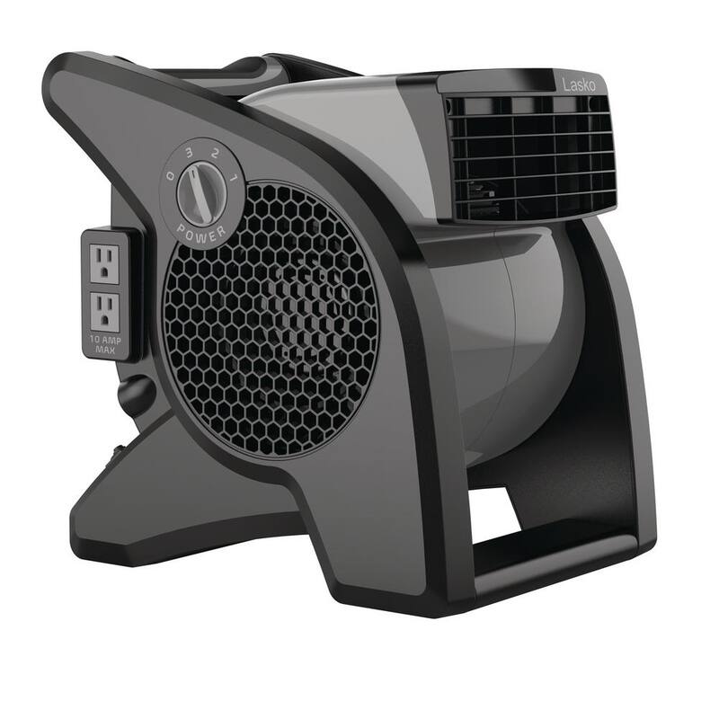 Lasko 11.2 in. 3 Speeds Blower Fan in Gray with Carry Handle, Circuit Breaker, Power Outlets, High Velocity Utility Pivoting - U15610