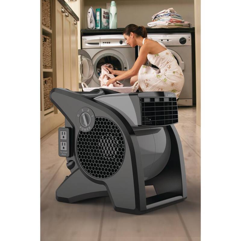 Lasko 11.2 in. 3 Speeds Blower Fan in Gray with Carry Handle, Circuit Breaker, Power Outlets, High Velocity Utility Pivoting - U15610