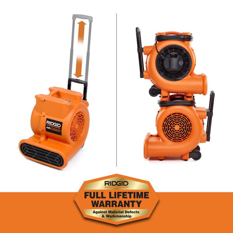 RIDGID 1625 CFM 3-Speed Portable Blower Fan Air Mover with Collapsible Handle and Rear Wheels for Water Damage Restoration - AM2560