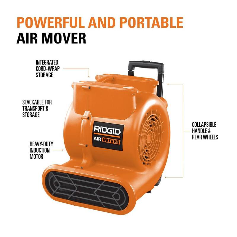 RIDGID 1625 CFM 3-Speed Portable Blower Fan Air Mover with Collapsible Handle and Rear Wheels for Water Damage Restoration - AM2560