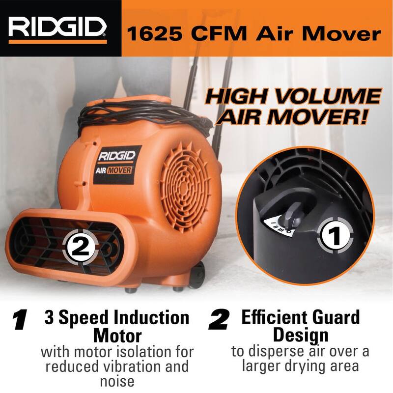 RIDGID 1625 CFM 3-Speed Portable Blower Fan Air Mover with Collapsible Handle and Rear Wheels for Water Damage Restoration - AM2560
