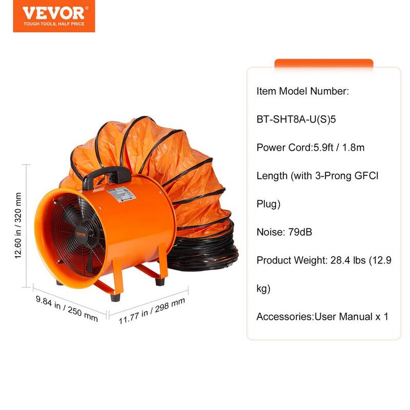 VEVOR Portable Ventilator 8 in. Heavy Duty Blower Fan with 16.4 ft. Duct Hose 195W Industrial Utility Blower 1070CFM, Orange - BXSGS230W58IN475TV1