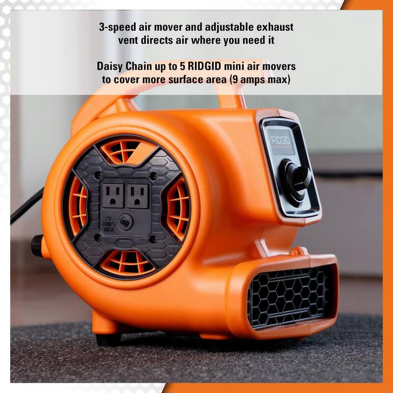 RIDGID 600 CFM 3-Speed Portable Blower Fan Air Mover with Daisy Chain, 3 Operating Positions for Water Damage Restoration - AM2265