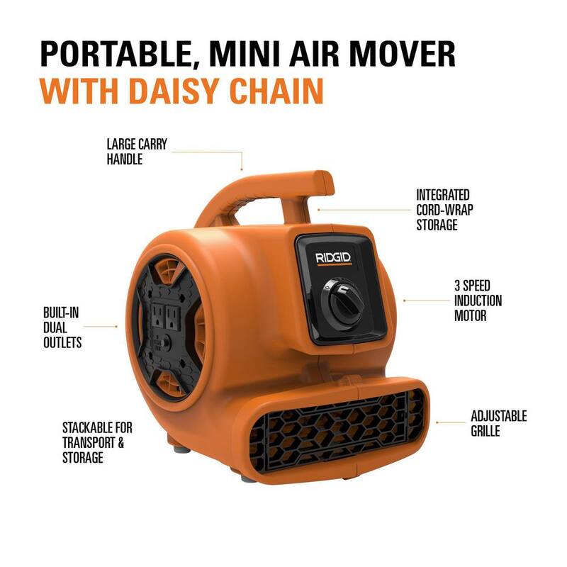 RIDGID 600 CFM 3-Speed Portable Blower Fan Air Mover with Daisy Chain, 3 Operating Positions for Water Damage Restoration - AM2265