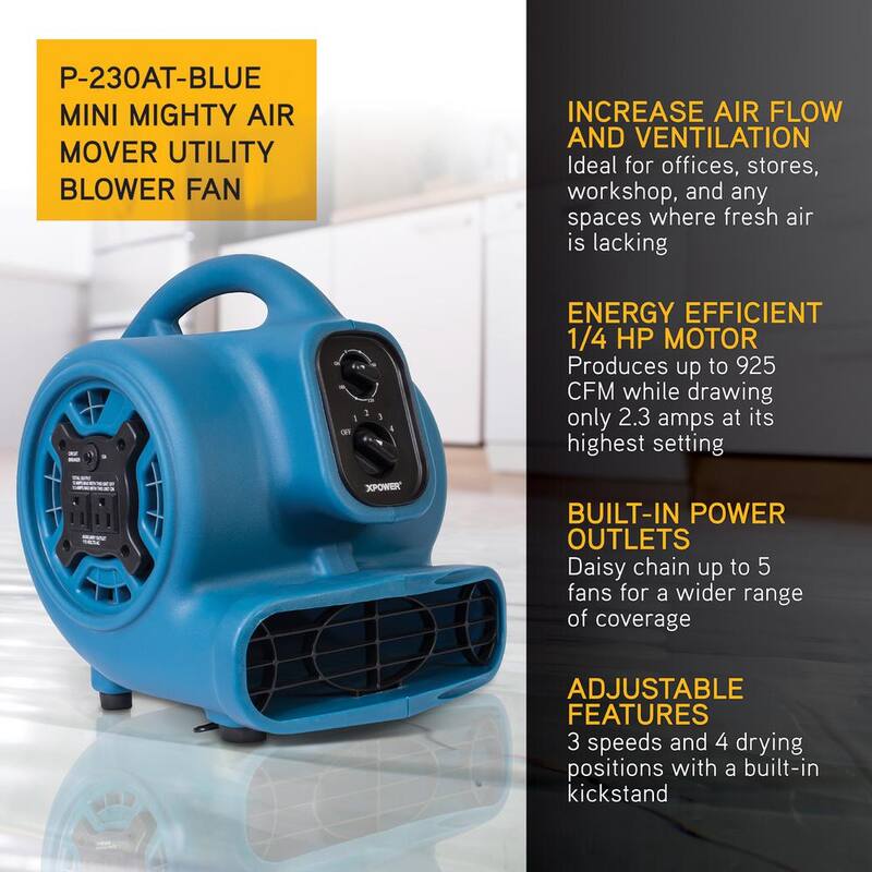 XPOWER 925 CFM 3-Speed Multi-Purpose Mini Mighty Air Mover Utility Blower Fan with Power Outlets and Timer in Blue - P-230AT-Blue