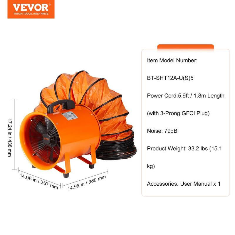 VEVOR Portable Ventilator 12 in. Heavy Duty Blower Fan with 16.4 ft. Duct Hose 585W Industrial Utility Blower 3198CFM, Orange - BXSG550W512INKRV0V1