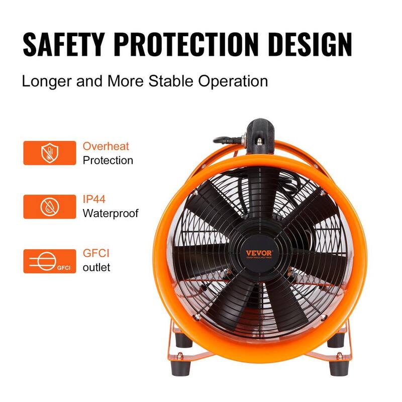 VEVOR Portable Ventilator 12 in. Heavy Duty Blower Fan with 16.4 ft. Duct Hose 585W Industrial Utility Blower 3198CFM, Orange - BXSG550W512INKRV0V1