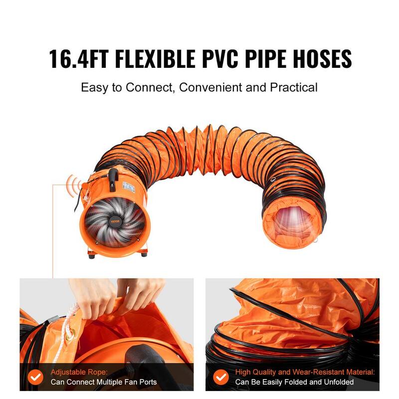VEVOR Portable Ventilator 12 in. Heavy Duty Blower Fan with 16.4 ft. Duct Hose 585W Industrial Utility Blower 3198CFM, Orange - BXSG550W512INKRV0V1