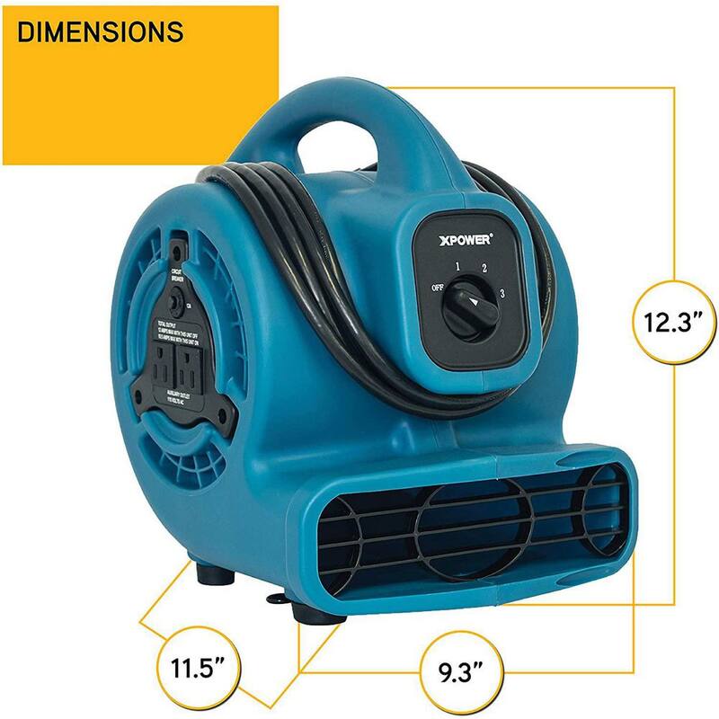 XPOWER 600 CFM 3-Speed Multi-Purpose Mini Mighty Air Mover Utility Blower Fan with Power Outlets - P-80A-Blue