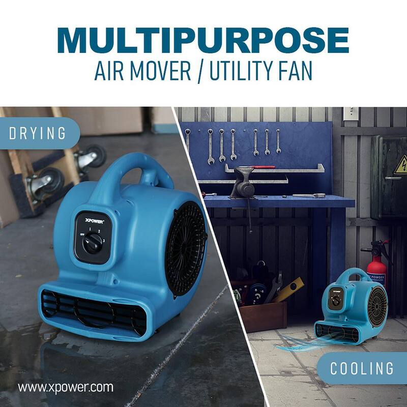 XPOWER 600 CFM 3-Speed Multi-Purpose Mini Mighty Air Mover Utility Blower Fan with Power Outlets - P-80A-Blue