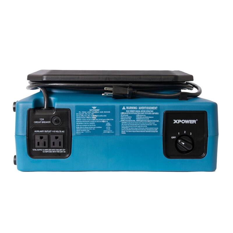 XPOWER 1/3 HP 1050 CFM 3-Speed Low Profile Air Mover, Floor Fan, Carpet Dryer with Build-in Power Outlets - PL-700A-Blue