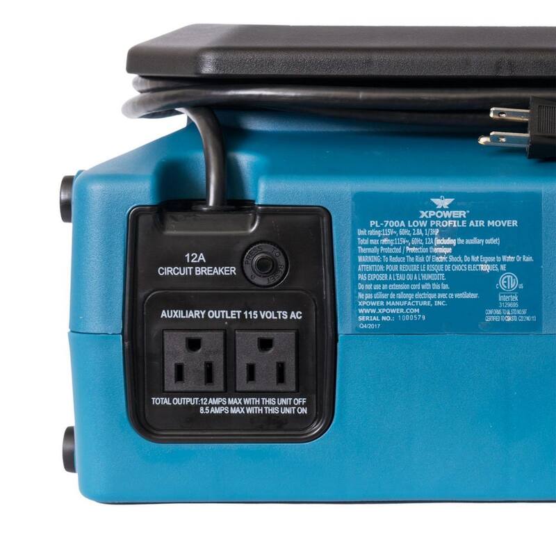 XPOWER 1/3 HP 1050 CFM 3-Speed Low Profile Air Mover, Floor Fan, Carpet Dryer with Build-in Power Outlets - PL-700A-Blue