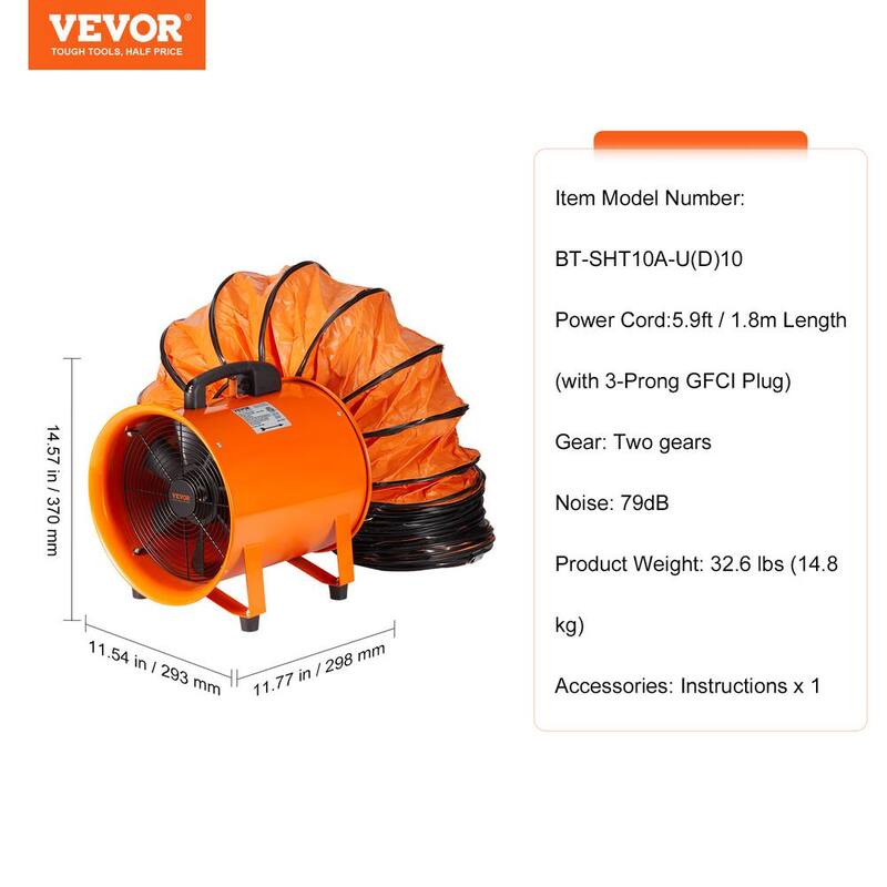 VEVOR Portable Ventilator 10 in. Heavy Duty Blower Fan with 33 ft. Duct Hose 350W Industrial Utility Blower 1948CFM, Orange - SSG230W1010IN06RWV1