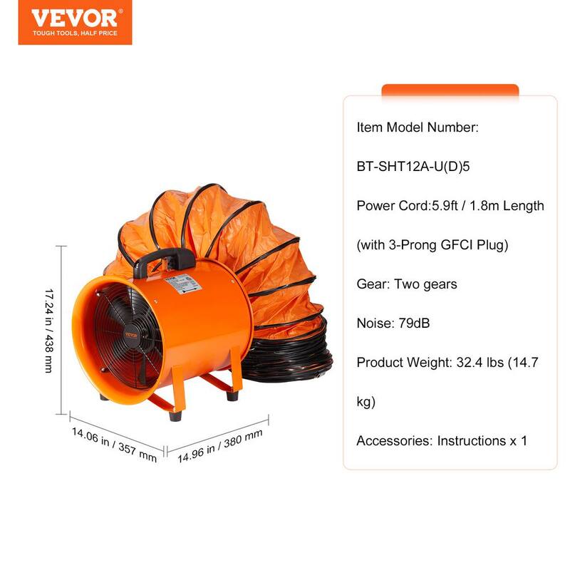 VEVOR Portable Ventilator 12 in. Heavy Duty Blower Fan with 16.4 ft. Duct Hose 560W Industrial Utility Blower 2894CFM, Orange - SSGS350W512INS906V1