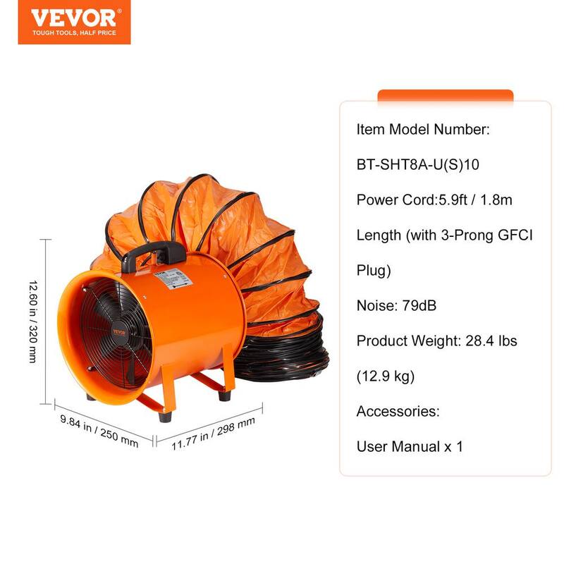 VEVOR Portable Ventilator 8 in. Heavy-Duty Blower Fan with 33 ft. Duct Hose 195-Watt Industrial Utility Blower 1070CFM, Orange - BXSG230W108INDT09V1
