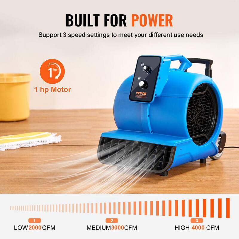 VEVOR Floor Blower 5 in. 3 Speeds Blower Fan in. Blue 1560 RPM 4000 CFM Air Mover for Drying and Cooling with 3 Blowing Angles - FXZXDMGFJ155NADD1V1
