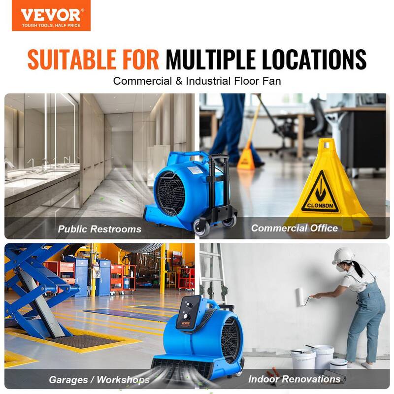 VEVOR Floor Blower 5 in. 3 Speeds Blower Fan in. Blue 1560 RPM 4000 CFM Air Mover for Drying and Cooling with 3 Blowing Angles - FXZXDMGFJ155NADD1V1
