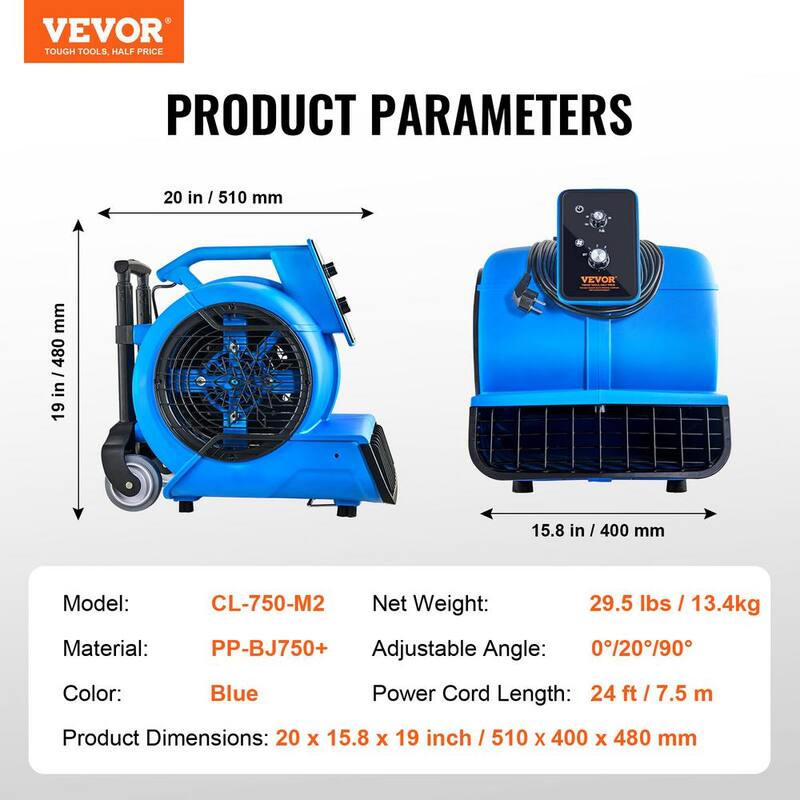 VEVOR Floor Blower 5 in. 3 Speeds Blower Fan in. Blue 1560 RPM 4000 CFM Air Mover for Drying and Cooling with 3 Blowing Angles - FXZXDMGFJ155NADD1V1