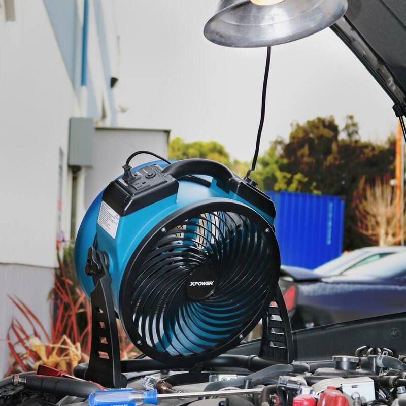 XPOWER P-26AR 1300 CFM 4-Speed Industrial Axial Air Mover Blower Fan with Built-in. Power Outlets in Blue - P-26AR