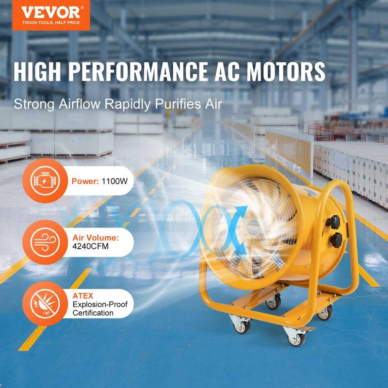 VEVOR Portable Ventilator 16 in. Blower Fan 1100W Exhaust Fan 4240CFM 16.4 ft. Power Cord Industrial Utility Blower, Yellow - FBGS1100W16IN6JLSV1