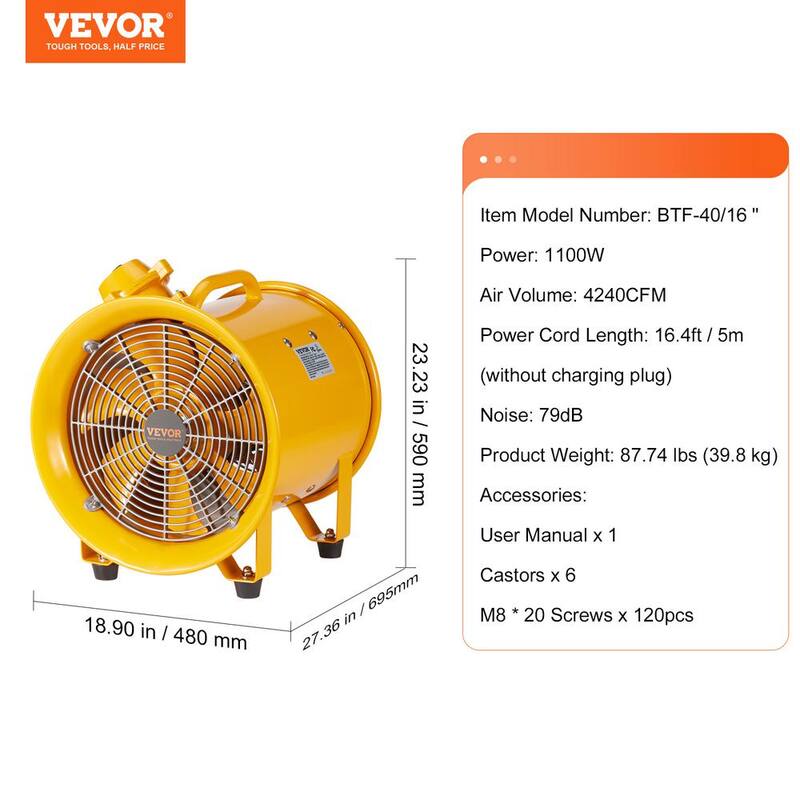 VEVOR Portable Ventilator 16 in. Blower Fan 1100W Exhaust Fan 4240CFM 16.4 ft. Power Cord Industrial Utility Blower, Yellow - FBGS1100W16IN6JLSV1