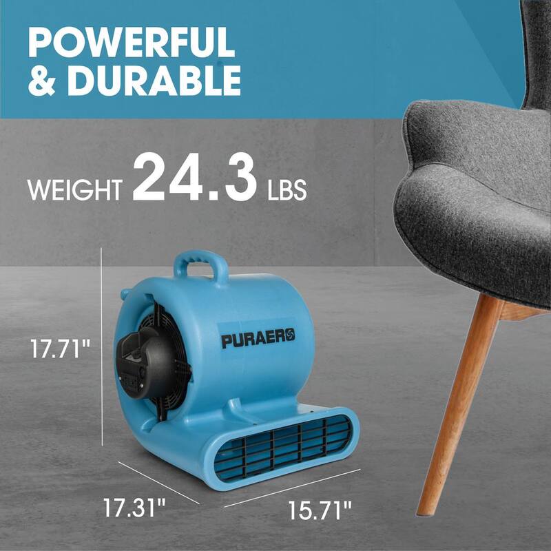 Ecor Pro 1/3 HP Air Mover Carpet Dryer Blower Floor Fan with 2550 CFM, GFCI Daisy Chain, Blue - PA-330-AM-BL