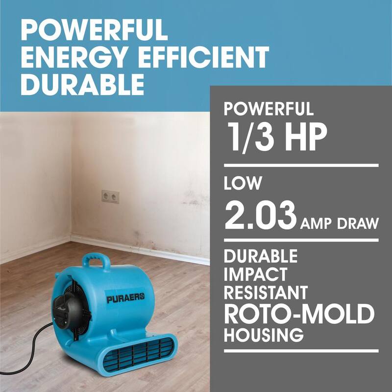 Ecor Pro 1/3 HP Air Mover Carpet Dryer Blower Floor Fan with 2550 CFM, GFCI Daisy Chain, Blue - PA-330-AM-BL