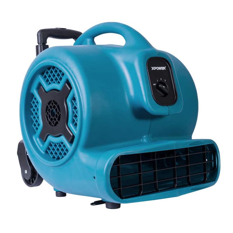 XPOWER 3/4 HP 3200 CFM 3 Speed Air Mover Carpet Dryer Floor Fan Blower with Telescopic Handle and Wheels - P-800H-Blue