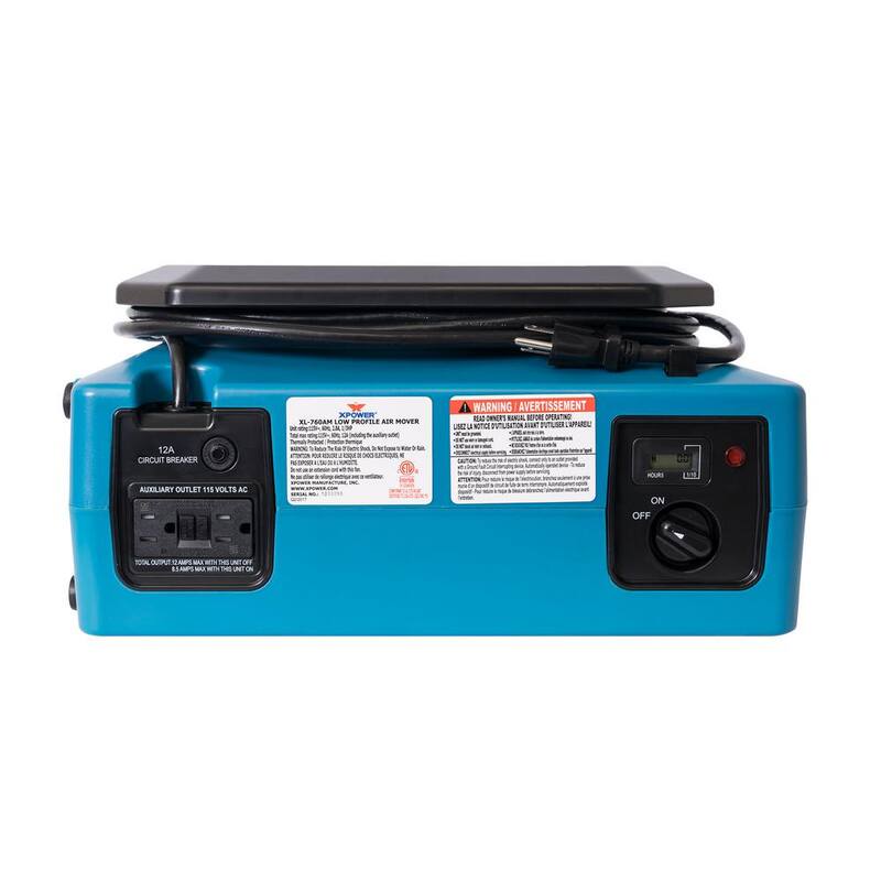 XPOWER 1/3 HP 1150 CFM Sealed Motor Low Profile Air Mover, Floor Fan, Carpet Dryer with Build-in GFCI Power Outlets, Hour Meter - XL-760AM