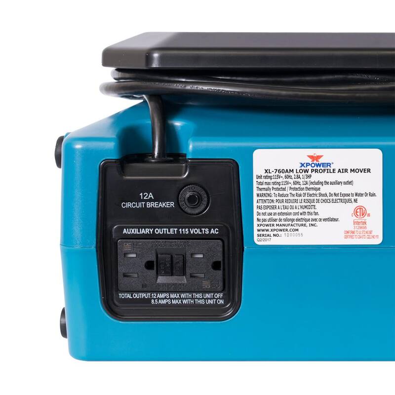 XPOWER 1/3 HP 1150 CFM Sealed Motor Low Profile Air Mover, Floor Fan, Carpet Dryer with Build-in GFCI Power Outlets, Hour Meter - XL-760AM