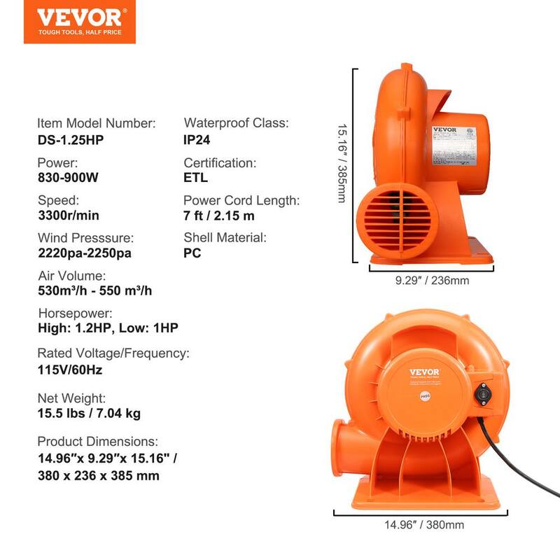 VEVOR Inflatable Blower 14 in. 1 Speed Blower Fan in Orange with 2 modes 1/1.2HP 950-Watt Pump Commercial Air Blower, 3300 RPM - QMFJD950W221M7H2LV1-0820