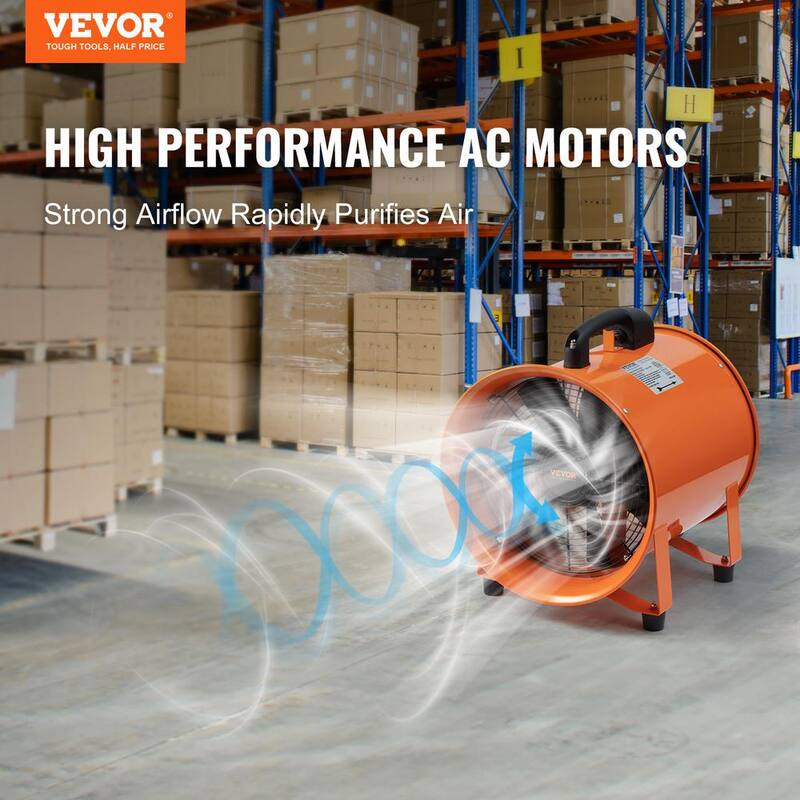 VEVOR Portable Ventilator 12 in. 1 Speed Blower Fan in. Orange with 33 ft. Duct Hose, 585-Watt Strong Shop Exhaust Blower - BXS550W1012IN2YW8V1-0729
