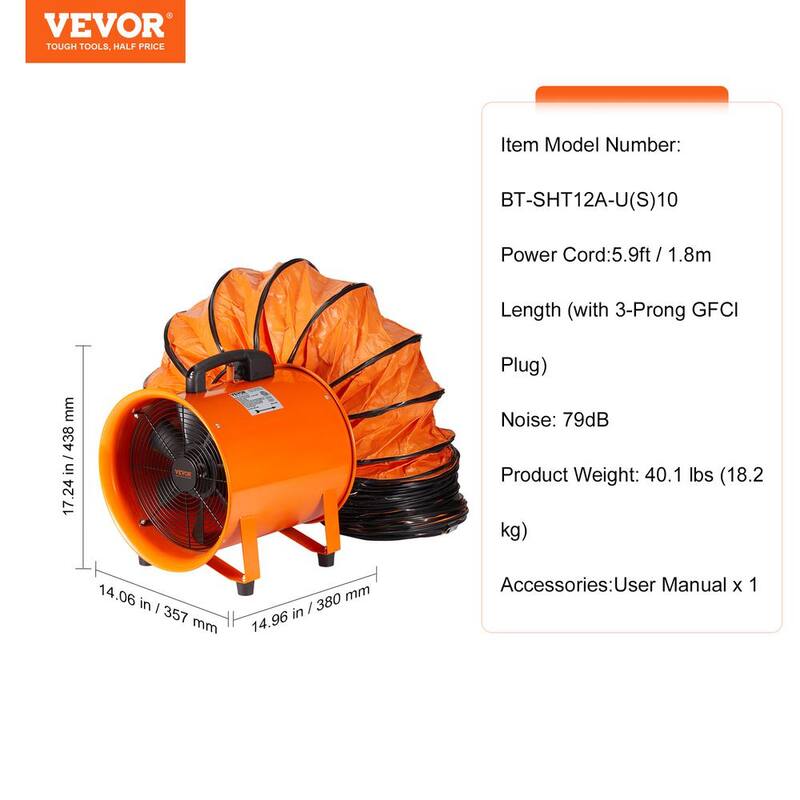 VEVOR Portable Ventilator 12 in. 1 Speed Blower Fan in. Orange with 33 ft. Duct Hose, 585-Watt Strong Shop Exhaust Blower - BXS550W1012IN2YW8V1-0729