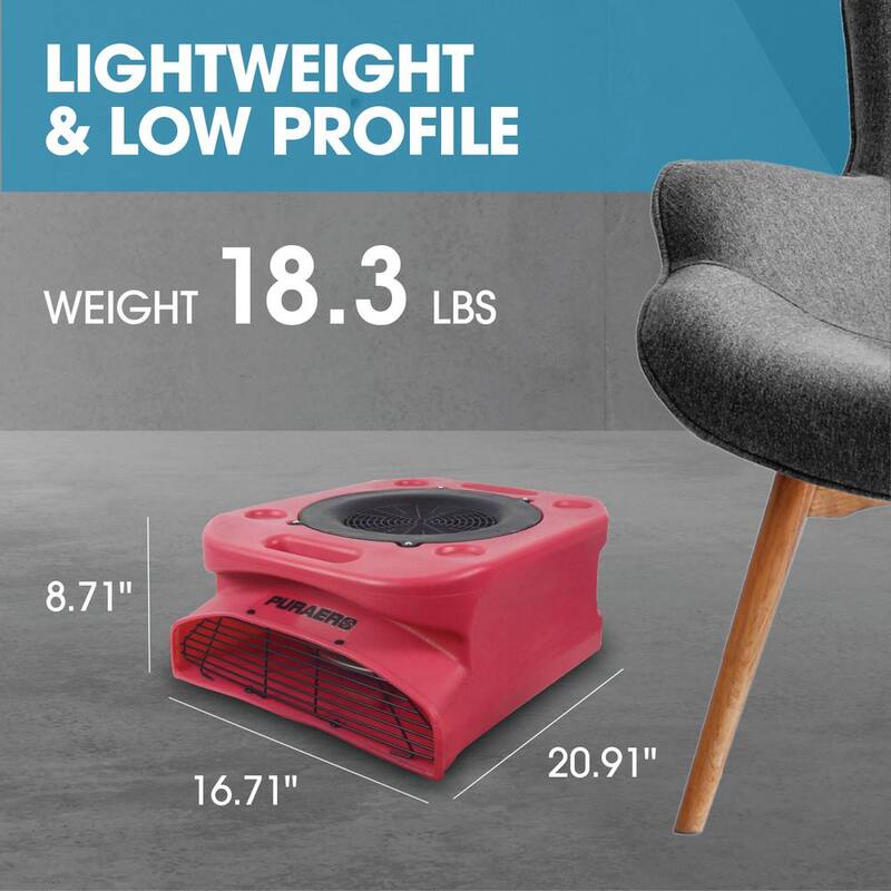 Ecor Pro 1/4 HP Low Profile Air Mover Carpet Dryer Blower Floor Fan with 1100 CFM, GFCI Daisy Chain, Red - PA-250-LP-RD