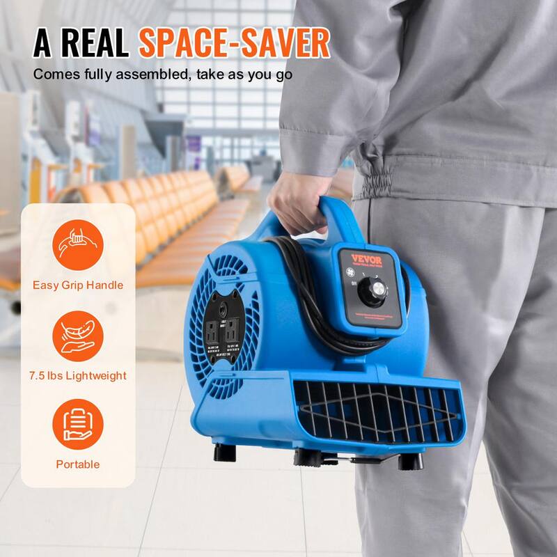VEVOR Floor Blower 5 in. 3 Speeds Blower Fan in. Blue 1360 RPM 600 CFM Air Mover for Drying and Cooling with 4 Blowing Angles - FXZXDMGFJ130AAPPHV1