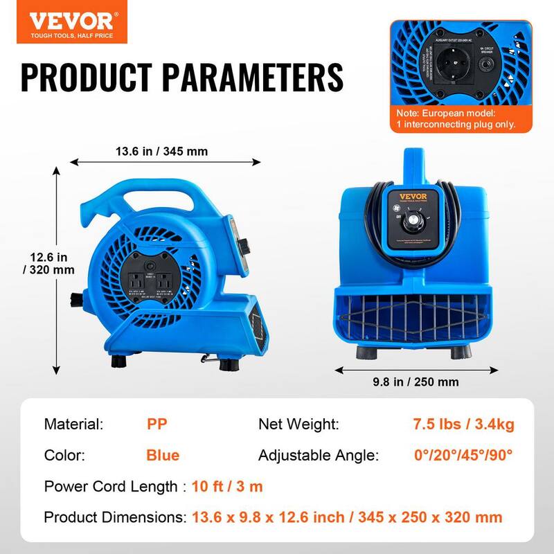 VEVOR Floor Blower 5 in. 3 Speeds Blower Fan in. Blue 1360 RPM 600 CFM Air Mover for Drying and Cooling with 4 Blowing Angles - FXZXDMGFJ130AAPPHV1